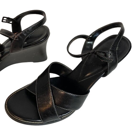 Nicole Black Leather Wedge Heel Sandal Size 7 1/2 - Picture 2 of 8